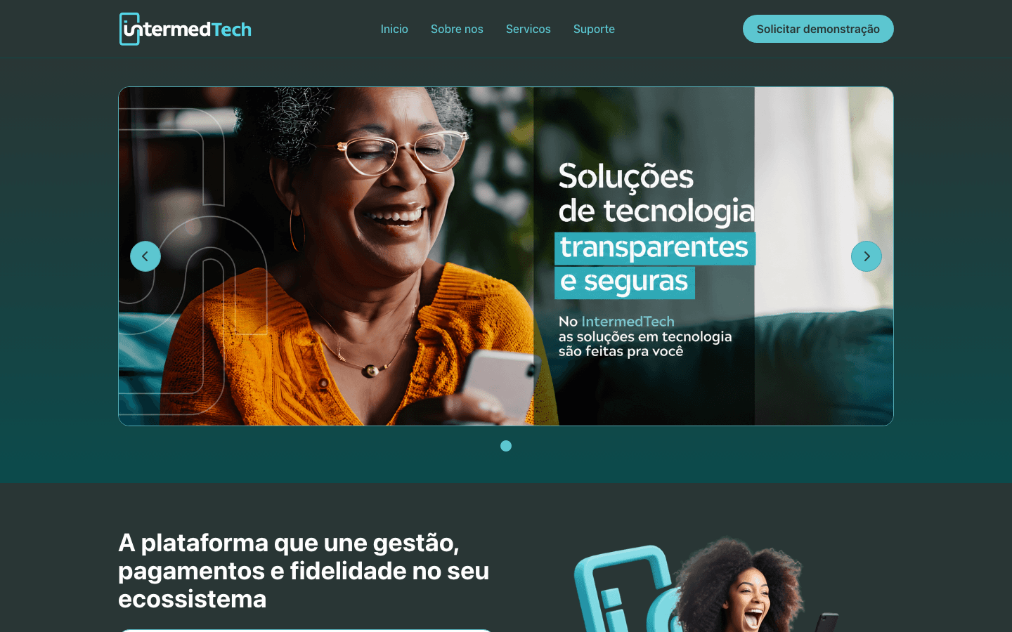 Página inicial do site Intermed Tech, com o título Soluções de tecnologia transparentes e seguras.